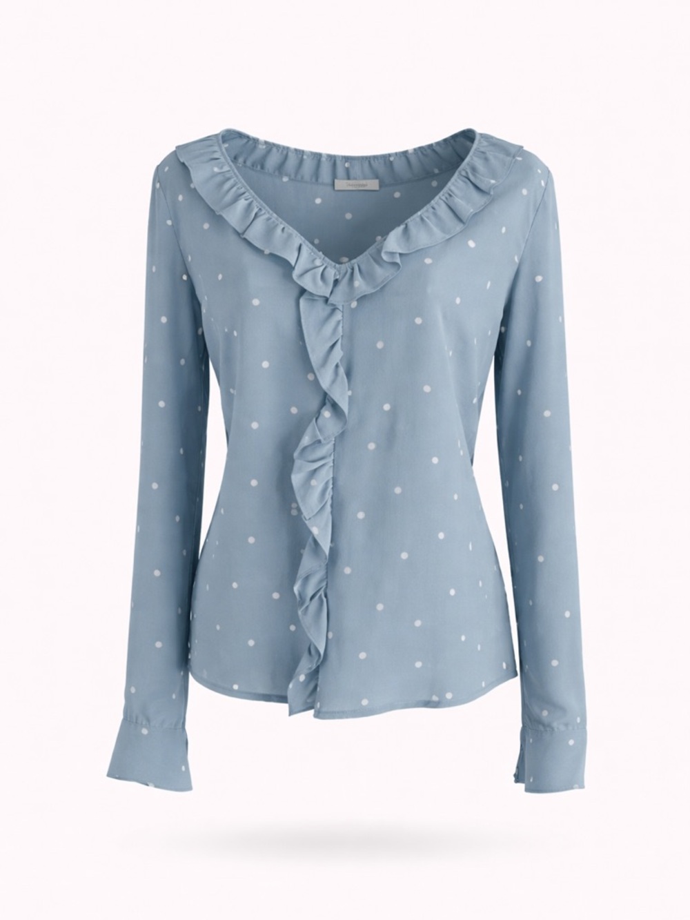 Sezane Silk Capucine Blouse Ruffle V-Neck Polka Dot Blouse Light Blue Sz EUR34